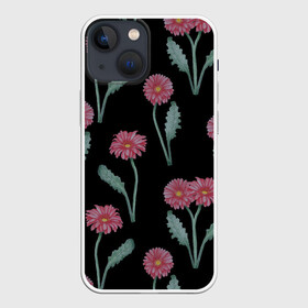 Чехол для iPhone 13 mini с принтом Красные герберы на черном ,  |  | 8 марта | flowers | summer | ботаническая иллюстрация | весна | герберы | зеленый | красный | лето | любовь | праздник | принт | природа | растения | цветы | черный