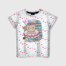Детская футболка 3D с принтом Мишка в пончике , 100% гипоаллергенный полиэфир | прямой крой, круглый вырез горловины, длина до линии бедер, чуть спущенное плечо, ткань немного тянется | девочка | медведь | медвежонок | мишка | пончик | сладости