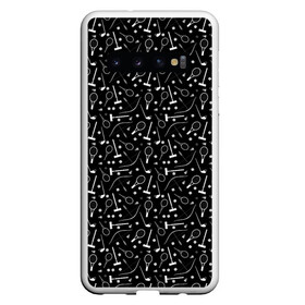 Чехол для Samsung Galaxy S10 с принтом Черно-белый спортивный узор  , Силикон | Область печати: задняя сторона чехла, без боковых панелей | клюшка | лук | молодежный | монохромный | мяч | поло | ракетка | спортивный инвентарь | стрелы