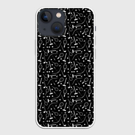 Чехол для iPhone 13 mini с принтом Черно белый спортивный узор ,  |  | клюшка | лук | молодежный | монохромный | мяч | поло | ракетка | спортивный инвентарь | стрелы