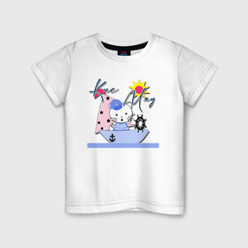Детская футболка хлопок с принтом Котик-морячок  , 100% хлопок | круглый вырез горловины, полуприлегающий силуэт, длина до линии бедер | для мальчика | иллюстрация | кораблик | кот | котик | малышам | море | морское путешествие | моряк
