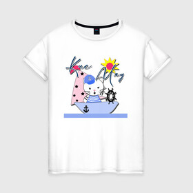 Женская футболка хлопок с принтом Котик-морячок  , 100% хлопок | прямой крой, круглый вырез горловины, длина до линии бедер, слегка спущенное плечо | для мальчика | иллюстрация | кораблик | кот | котик | малышам | море | морское путешествие | моряк