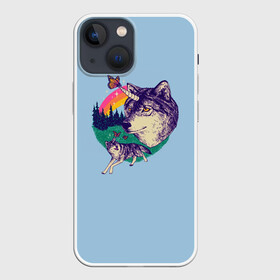 Чехол для iPhone 13 mini с принтом Волк единорог ,  |  | Тематика изображения на принте: unicorn | бабочка | волки | деревья | детская | единорог | лес | радуга