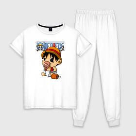 Женская пижама хлопок с принтом Малыш Луффи One Piece , 100% хлопок | брюки и футболка прямого кроя, без карманов, на брюках мягкая резинка на поясе и по низу штанин | anime | manga | monkey d. luffy | one piece | аниме | большой куш | ван пис | вон пис | капитан | король пиратов | луси | луфи | луффи | луффи но уми | луффи таро | манга | манки д. луффи | мугивара | пират | пятый император