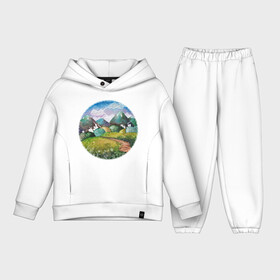 Детский костюм хлопок Oversize с принтом Акварельные поля и тропинка ,  |  | Тематика изображения на принте: акварель | деревня | дома | зеленый | круг | лето | поля | рисунок