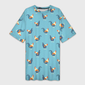 Платье-футболка 3D с принтом Петушки паттерн ,  |  | rooster | паттерн | петух | петушки | птица | рисунок