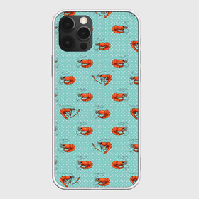Чехол для iPhone 12 Pro Max с принтом Креветки паттерн , Силикон |  | Тематика изображения на принте: sea food | вареные креветки | винтажный стиль | голубо зеленый цвет | горошек | еда | креветки | морепродукты | морские гады | оранжевый | паттерн | цвет тиффани