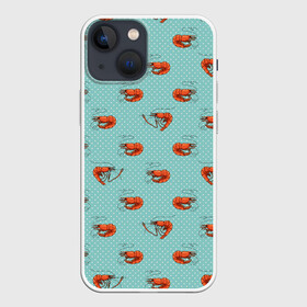 Чехол для iPhone 13 mini с принтом Креветки паттерн ,  |  | Тематика изображения на принте: sea food | вареные креветки | винтажный стиль | голубо зеленый цвет | горошек | еда | креветки | морепродукты | морские гады | оранжевый | паттерн | цвет тиффани