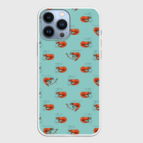 Чехол для iPhone 13 Pro Max с принтом Креветки паттерн ,  |  | Тематика изображения на принте: sea food | вареные креветки | винтажный стиль | голубо зеленый цвет | горошек | еда | креветки | морепродукты | морские гады | оранжевый | паттерн | цвет тиффани
