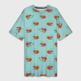 Платье-футболка 3D с принтом Креветки паттерн ,  |  | Тематика изображения на принте: sea food | вареные креветки | винтажный стиль | голубо зеленый цвет | горошек | еда | креветки | морепродукты | морские гады | оранжевый | паттерн | цвет тиффани