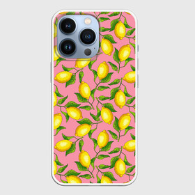 Чехол для iPhone 13 Pro с принтом Лимоны паттерн ,  |  | Тематика изображения на принте: ботаника | еда | желтые лимоны | иллюстрация | летний принт | лето | лимоны | паттерн | рисунок | розовый цвет | фрукты