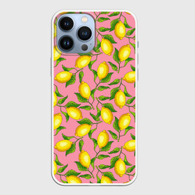 Чехол для iPhone 13 Pro Max с принтом Лимоны паттерн ,  |  | Тематика изображения на принте: ботаника | еда | желтые лимоны | иллюстрация | летний принт | лето | лимоны | паттерн | рисунок | розовый цвет | фрукты