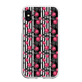 Чехол для iPhone XS Max матовый с принтом акварельные розы на полосатом  , Силикон | Область печати: задняя сторона чехла, без боковых панелей | акварельные розы | акварельный | красный | красный и черный | полосатый | полосатый черный | полосы | розы | черный