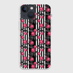 Чехол для iPhone 13 mini с принтом акварельные розы на полосатом ,  |  | акварельные розы | акварельный | красный | красный и черный | полосатый | полосатый черный | полосы | розы | черный