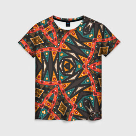 Женская футболка 3D с принтом Абстрактный арабский узор  , 100% полиэфир ( синтетическое хлопкоподобное полотно) | прямой крой, круглый вырез горловины, длина до линии бедер | абстрактный | арабский | восточный | геометрические фигуры | заплатки | коричневый | оранжевый | орнамент | пэчворк | современный