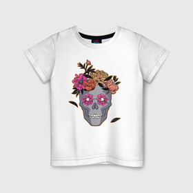 Детская футболка хлопок с принтом День мертвых Мексика , 100% хлопок | круглый вырез горловины, полуприлегающий силуэт, длина до линии бедер | calavera | sugar skull | день мертвых | иллюстрация | калавера | мексика | мексиканская вечеринка | мехико | рисунок | цветы | череп | череп с цветами