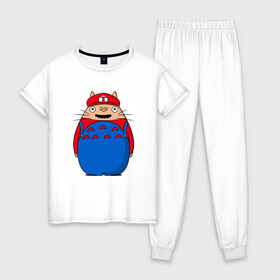 Женская пижама хлопок с принтом Totoro Mario , 100% хлопок | брюки и футболка прямого кроя, без карманов, на брюках мягкая резинка на поясе и по низу штанин | ghibli | japan | mario | nature | neigbor | neighbour | totoro | анимация | аниме | гибли | друг | животные | лес | марио | милый | мир | миядзаки | мой сосед тоторо | мульт | мультфильм | природа | сосед | тоторо | хаяо | хранитель