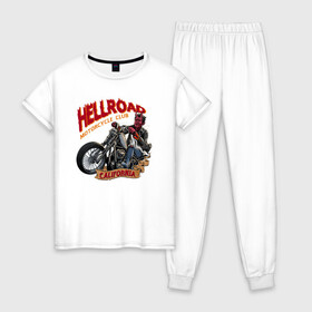 Женская пижама хлопок с принтом Hellroad , 100% хлопок | брюки и футболка прямого кроя, без карманов, на брюках мягкая резинка на поясе и по низу штанин | road | ад | байкер | дьявол | калифорния | клуб | мотоцикл | черт