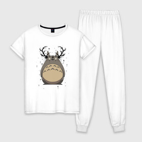 Женская пижама хлопок с принтом Totoro Deer , 100% хлопок | брюки и футболка прямого кроя, без карманов, на брюках мягкая резинка на поясе и по низу штанин | deer | ghibli | japan | nature | neigbor | neighbour | totoro | анимация | аниме | гибли | друг | животные | лес | милый | мир | миядзаки | мой сосед тоторо | мульт | мультфильм | олень | природа | сосед | тоторо | хаяо | хранитель