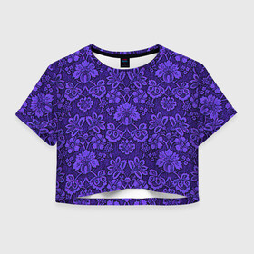 Женская футболка Crop-top 3D с принтом Домашние обои  , 100% полиэстер | круглая горловина, длина футболки до линии талии, рукава с отворотами | домашние обои | обои | орнамент | текстуры | узор | фиолетовое | хохлома | цветы