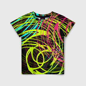 Детская футболка 3D с принтом Разноцветные спирали  , 100% гипоаллергенный полиэфир | прямой крой, круглый вырез горловины, длина до линии бедер, чуть спущенное плечо, ткань немного тянется | абстрактный | желтый | круги | модный | молодежный | разводы | разноцветная абстракция | розовый | современный | спирали | черный