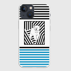 Чехол для iPhone 13 mini с принтом Белый медведь . ,  |  | белый медведь | детский | зима | медведь | новый год | полосатый узор | полосы | синий полосы | черные полосы