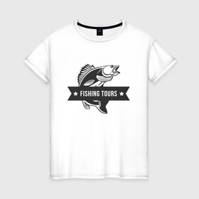 Женская футболка хлопок с принтом Fishing tours , 100% хлопок | прямой крой, круглый вырез горловины, длина до линии бедер, слегка спущенное плечо | fish | fishing | мужику | мужчине | на рыбалке | на рыбалку | рыба | рыбак | рыбакам | рыбаку | рыбалка | удочка