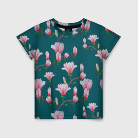 Детская футболка 3D с принтом Розовые магнолии на бирюзовом , 100% гипоаллергенный полиэфир | прямой крой, круглый вырез горловины, длина до линии бедер, чуть спущенное плечо, ткань немного тянется | 8 марта | flowers | summer | бирюзовый | ботаническая иллюстрация | весна | зеленый | лето | любовь | магнолия | праздник | принт | природа | растения | розовый | цветы