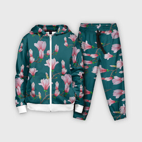 Детский костюм 3D с принтом Розовые магнолии на бирюзовом ,  |  | Тематика изображения на принте: 8 марта | flowers | summer | бирюзовый | ботаническая иллюстрация | весна | зеленый | лето | любовь | магнолия | праздник | принт | природа | растения | розовый | цветы