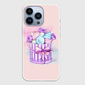Чехол для iPhone 13 Pro с принтом Сладкий подарок ,  |  | Тематика изображения на принте: gift | present | sweet | акварель | акварельный | бант | десерты | зефир | коробка | любимой | подарок | подарочек | подруге | подружке | рафаэлло | сладкая | сладкий | сладости | цветы