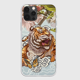 Чехол для iPhone 12 Pro с принтом Тигр в облаках , силикон | область печати: задняя сторона чехла, без боковых панелей | Тематика изображения на принте: бабочка | восточные мотивы | нежность | облака | сакура | тигр | хищник | цветы