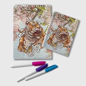 Блокнот с принтом Тигр в облаках , 100% бумага | 48 листов, плотность листов — 60 г/м2, плотность картонной обложки — 250 г/м2. Листы скреплены удобной пружинной спиралью. Цвет линий — светло-серый
 | Тематика изображения на принте: бабочка | восточные мотивы | нежность | облака | сакура | тигр | хищник | цветы