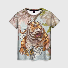 Женская футболка 3D с принтом Тигр в облаках , 100% полиэфир ( синтетическое хлопкоподобное полотно) | прямой крой, круглый вырез горловины, длина до линии бедер | бабочка | восточные мотивы | нежность | облака | сакура | тигр | хищник | цветы
