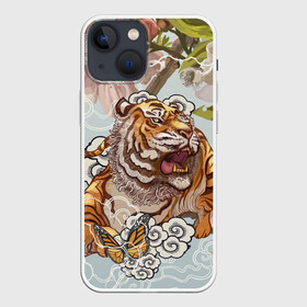 Чехол для iPhone 13 mini с принтом Тигр в облаках ,  |  | Тематика изображения на принте: бабочка | восточные мотивы | нежность | облака | сакура | тигр | хищник | цветы