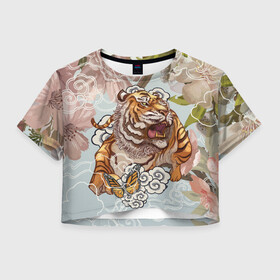 Женская футболка Crop-top 3D с принтом Тигр в облаках , 100% полиэстер | круглая горловина, длина футболки до линии талии, рукава с отворотами | бабочка | восточные мотивы | нежность | облака | сакура | тигр | хищник | цветы