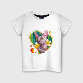 Детская футболка хлопок с принтом Котик , 100% хлопок | круглый вырез горловины, полуприлегающий силуэт, длина до линии бедер | котик | любовь | порода | сердечко | сфинкс | цветы