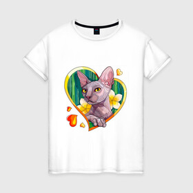 Женская футболка хлопок с принтом Котик , 100% хлопок | прямой крой, круглый вырез горловины, длина до линии бедер, слегка спущенное плечо | котик | любовь | порода | сердечко | сфинкс | цветы