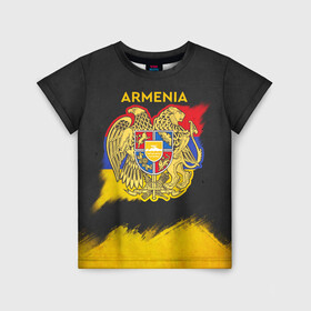 Детская футболка 3D с принтом Yellow and Black Armenia , 100% гипоаллергенный полиэфир | прямой крой, круглый вырез горловины, длина до линии бедер, чуть спущенное плечо, ткань немного тянется | armenia | logo | армения | армян | армяни | герб | лев и орел | лого | символ | флаг | флаг и герб армении