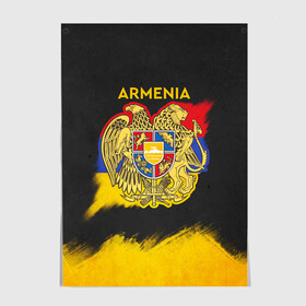 Постер с принтом Yellow and Black Armenia , 100% бумага
 | бумага, плотность 150 мг. Матовая, но за счет высокого коэффициента гладкости имеет небольшой блеск и дает на свету блики, но в отличии от глянцевой бумаги не покрыта лаком | armenia | logo | армения | армян | армяни | герб | лев и орел | лого | символ | флаг | флаг и герб армении