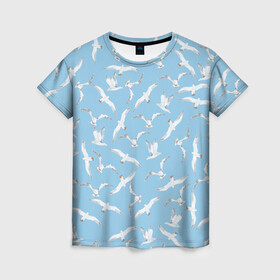 Женская футболка 3D с принтом Чайки в небе паттерн , 100% полиэфир ( синтетическое хлопкоподобное полотно) | прямой крой, круглый вырез горловины, длина до линии бедер | акварель | голубое небо | иллюстрация | паттерн | птицы | рисунок | чайка | чайки | чайки в небе