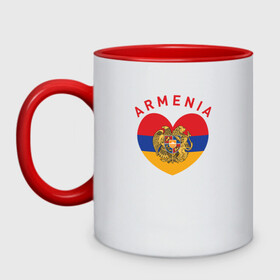 Кружка двухцветная с принтом The Heart of Armenia , керамика | объем — 330 мл, диаметр — 80 мм. Цветная ручка и кайма сверху, в некоторых цветах — вся внутренняя часть | Тематика изображения на принте: armenia | logo | армения | армян | армяни | герб | лев и орел | лого | символ | флаг | флаг и герб армении
