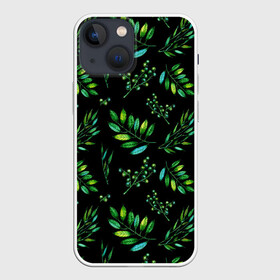 Чехол для iPhone 13 mini с принтом Живописные листья и ягоды ,  |  | Тематика изображения на принте: акварель | акварельные | акварельный | живописные | листочки | листья | природа | растения | растительный | темный | черный | эко | ягодки | ягоды