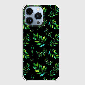 Чехол для iPhone 13 Pro с принтом Живописные листья и ягоды ,  |  | Тематика изображения на принте: акварель | акварельные | акварельный | живописные | листочки | листья | природа | растения | растительный | темный | черный | эко | ягодки | ягоды