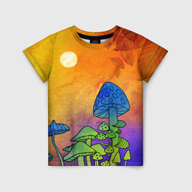 Детская футболка 3D с принтом Заколдованный лес , 100% гипоаллергенный полиэфир | прямой крой, круглый вырез горловины, длина до линии бедер, чуть спущенное плечо, ткань немного тянется | акварель | глитч грибы | грибы | грибы нарисованные карандашом | листва | необычный лес | цветные грибы