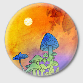 Значок с принтом Заколдованный лес ,  металл | круглая форма, металлическая застежка в виде булавки | акварель | глитч грибы | грибы | грибы нарисованные карандашом | листва | необычный лес | цветные грибы
