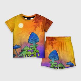 Детский костюм с шортами 3D с принтом Заколдованный лес ,  |  | акварель | глитч грибы | грибы | грибы нарисованные карандашом | листва | необычный лес | цветные грибы