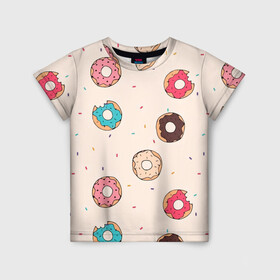 Детская футболка 3D с принтом Кусанные пончики , 100% гипоаллергенный полиэфир | прямой крой, круглый вырез горловины, длина до линии бедер, чуть спущенное плечо, ткань немного тянется | Тематика изображения на принте: булка с дыркой | булочка | десерт | пончик | пончики | симпсоны | сладкая булка