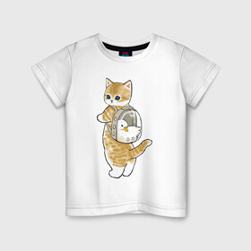 Детская футболка хлопок с принтом Котёнок с гусём , 100% хлопок | круглый вырез горловины, полуприлегающий силуэт, длина до линии бедер | арт | гусь | домашнее животное | кот | котёнок | кошка | милая кошка | милый кот | милый котёнок | пончик | прогулка | рисунок | рюкзак