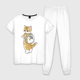 Женская пижама хлопок с принтом Котёнок с гусём , 100% хлопок | брюки и футболка прямого кроя, без карманов, на брюках мягкая резинка на поясе и по низу штанин | арт | гусь | домашнее животное | кот | котёнок | кошка | милая кошка | милый кот | милый котёнок | пончик | прогулка | рисунок | рюкзак