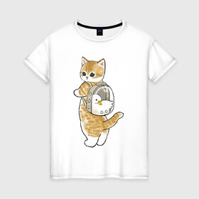 Женская футболка хлопок с принтом Котёнок с гусём , 100% хлопок | прямой крой, круглый вырез горловины, длина до линии бедер, слегка спущенное плечо | арт | гусь | домашнее животное | кот | котёнок | кошка | милая кошка | милый кот | милый котёнок | пончик | прогулка | рисунок | рюкзак